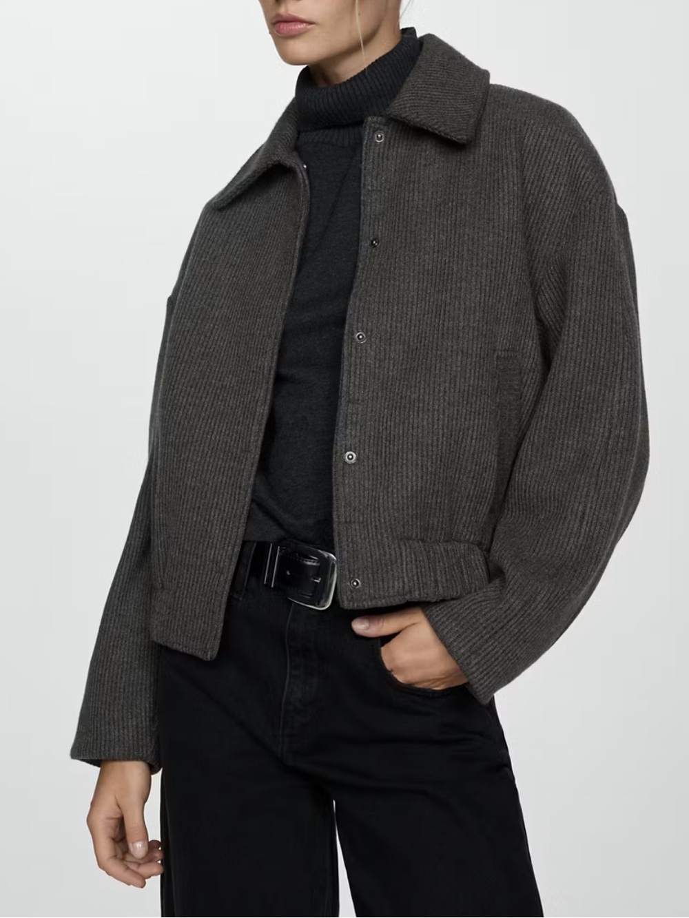 Mango Charcoal Gray Ribbed Shirt Jacket